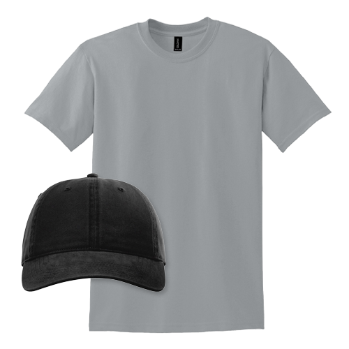 Black Richardson Peached Cotton Twill Cap and Gravel Gildan DryBlend 50/50 Tee